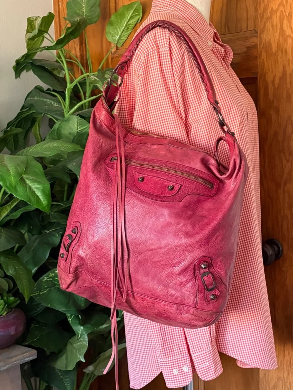 Balenciaga 06 Red Grenat Lambskin Leather Classic Day Hobo Handbag Purse Mirror